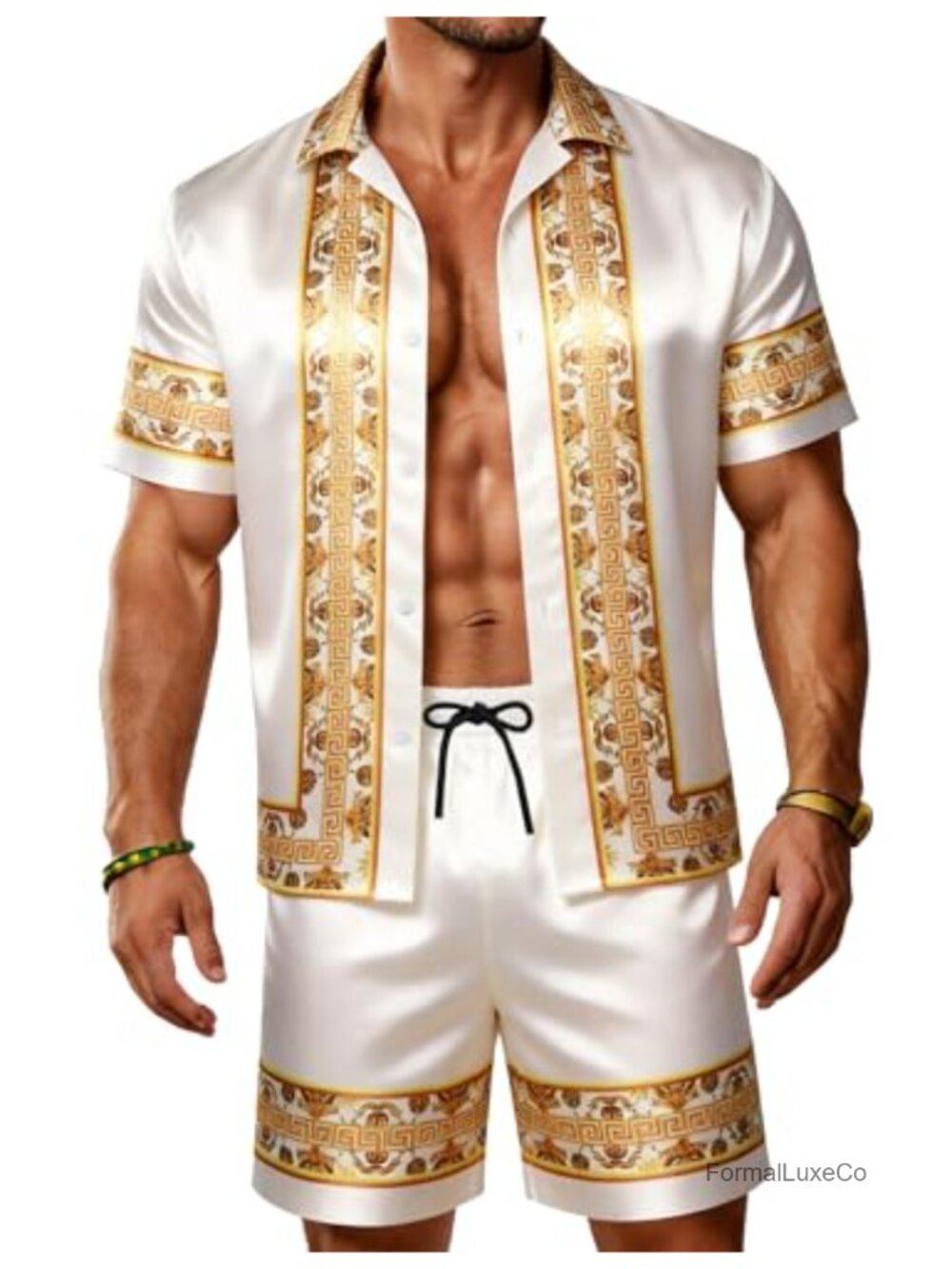 Men Satin Silk Hawaiian Shirt Set 2 Piece Button Down Beach Outfit